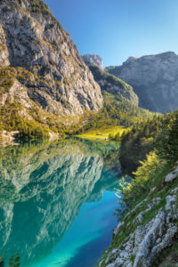 Obersee with view to the Fischunkelalm, Salet in the Königssee, Berchtesgadener country, national park Berchtesgaden, Upper Bavaria, Bavaria, Germany Obersee with view to the Fischunkelalm, Salet in the Königssee, Berchtesgadener country, national park Berchtesgaden, Upper Bavaria, Bavaria, Germany